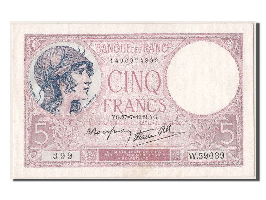 Banknote, France, 5 Francs, 5 F 1917-1940 ''Violet'', 1939, 1939-07-27