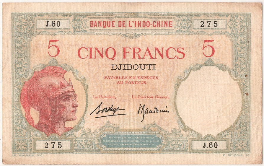 Geldschein, Französisch-Somaliland, 5 Francs, 1936, SS+