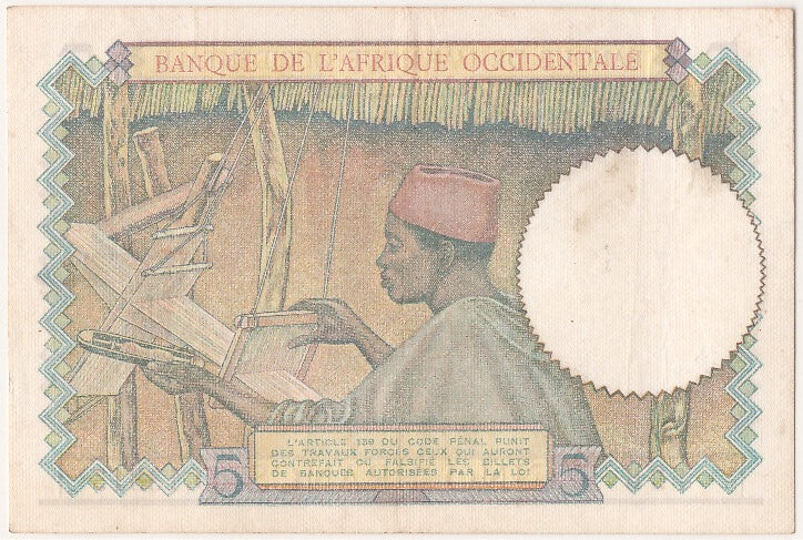 Banknote, French West Africa, 5 Francs, 1943, 1943-03-02, AU(55-58)