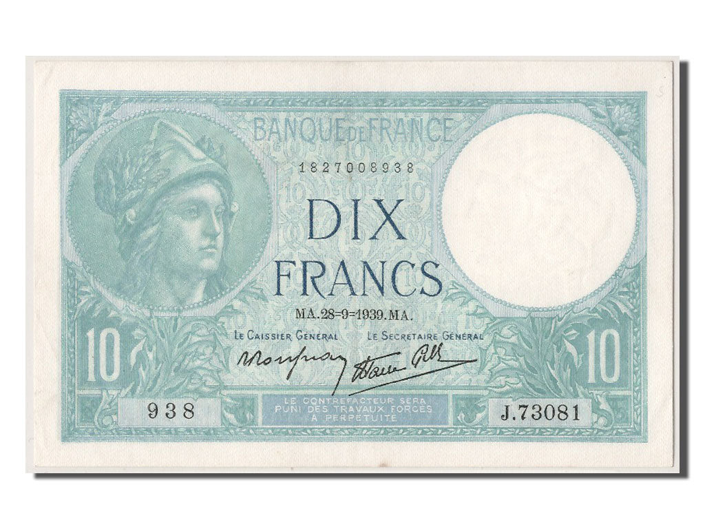 Banknote, France, 10 Francs, 10 F 1916-1942 ''Minerve'', 1939, 1939-09-28