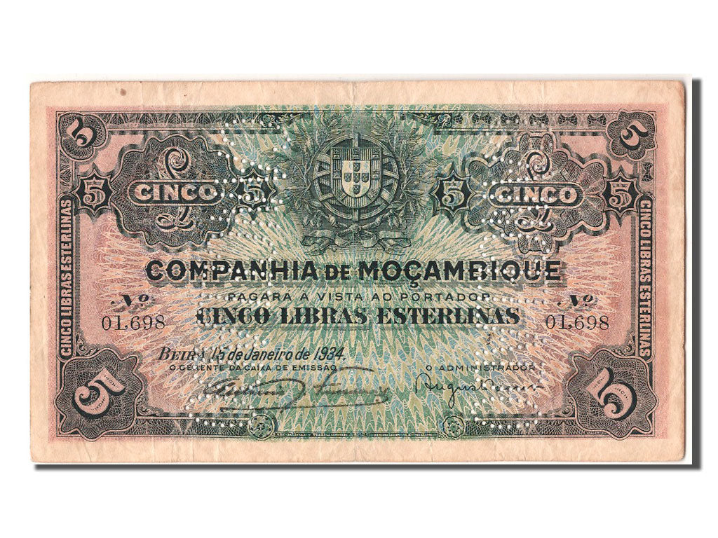 Banknot, Mozambik, 5 Libras, 1934, 1934-01-15, EF(40-45)
