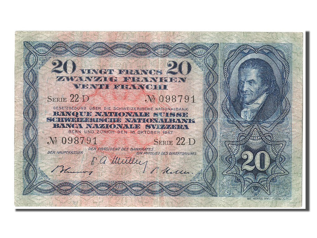 Banknot, Szwajcaria, 20 Franken, 1947, 1947-10-16, AU(50-53)