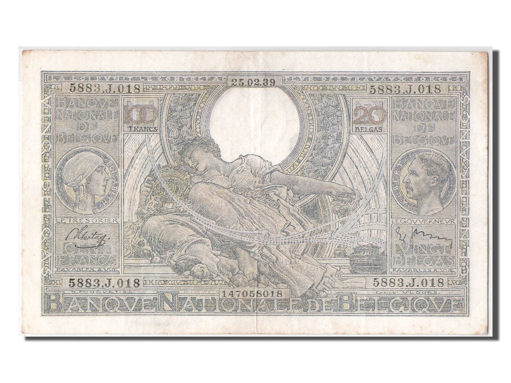 Banknot, Belgia, 100 Francs-20 Belgas, 1939, 1939-02-25, AU(55-58)