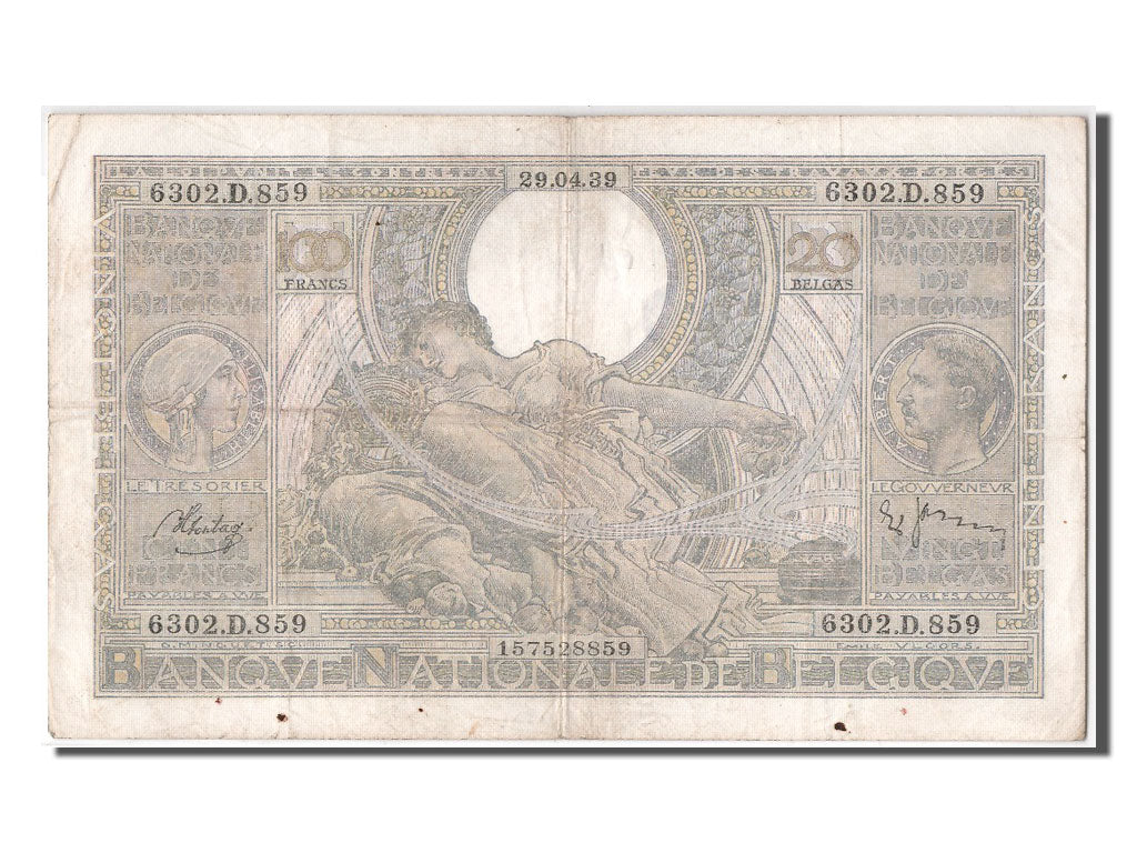 Banknot, Belgia, 100 Francs-20 Belgas, 1939, 1939-04-29, VF(30-35)