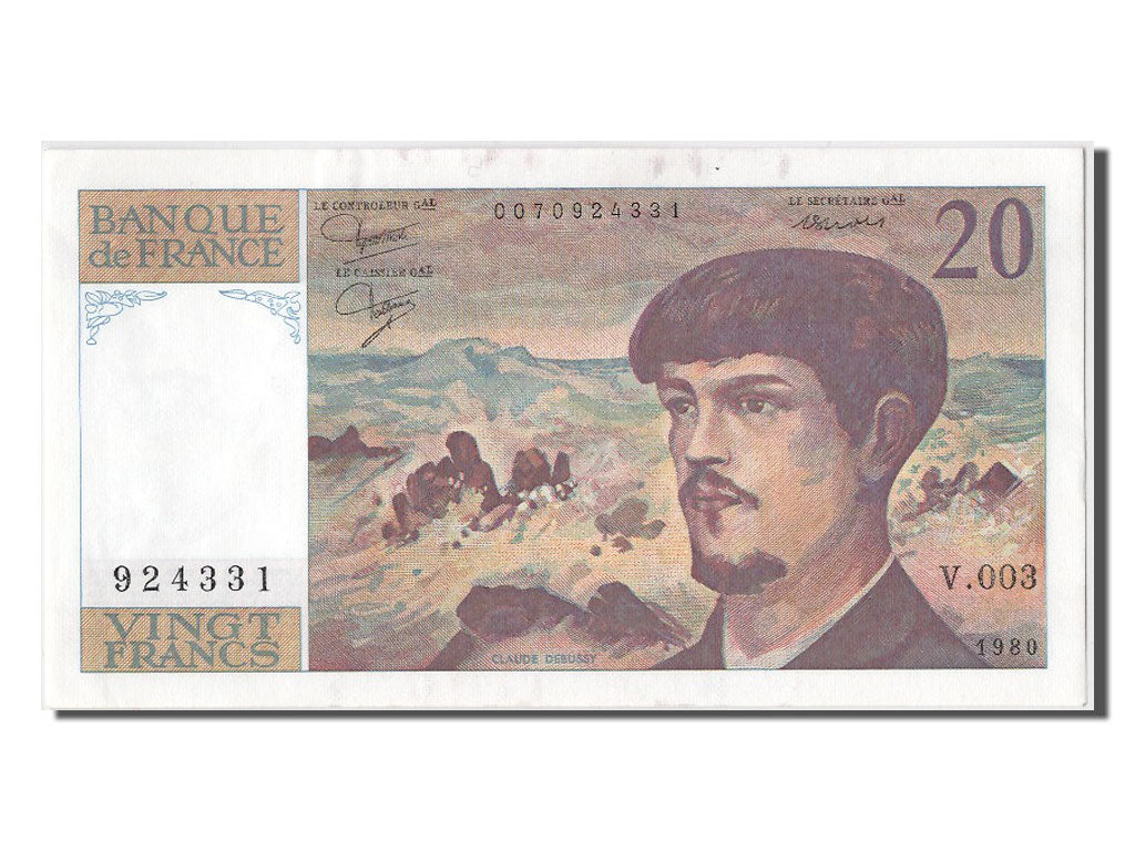 Banknot, Francja, 20 Francs, Debussy, 1980, AU(55-58), Fayette:66.1, KM:151a