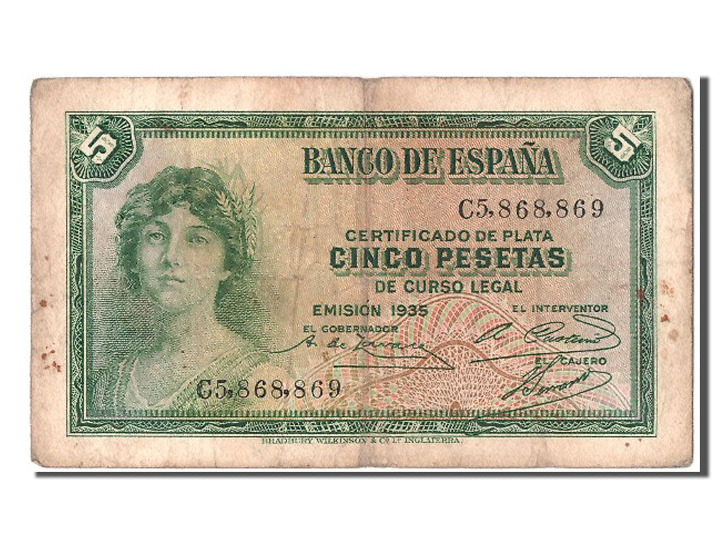 Banconote, Spagna, 5 Pesetas, 1935, MB+