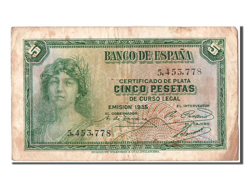 Biljet, Spanje, 5 Pesetas, 1935, TB+