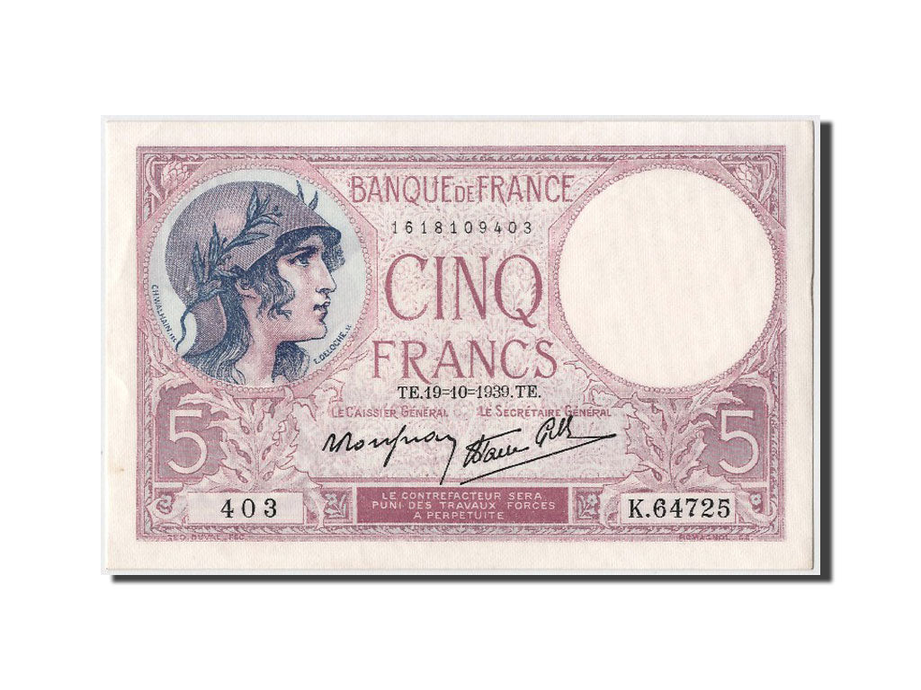 Biljet, Frankrijk, 5 Francs, 5 F 1917-1940 ''Violet'', 1939, 1939-10-19, SPL