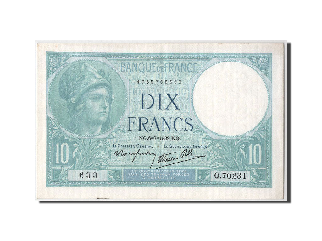 Billete, Francia, 10 Francs, 10 F 1916-1942 ''Minerve'', 1939, 1939-07-06, EBC