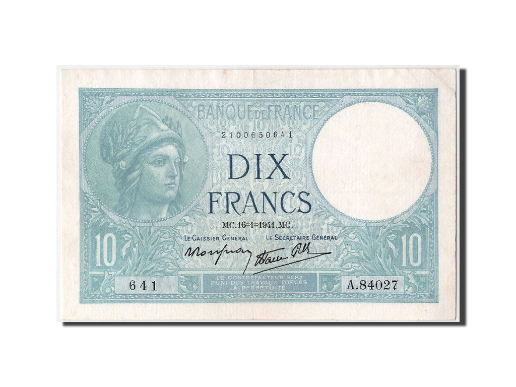 Billete, Francia, 10 Francs, 10 F 1916-1942 ''Minerve'', 1941, 1941-01-16, EBC