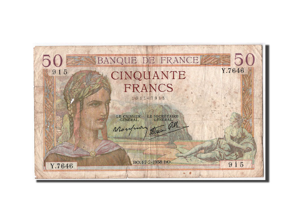 Banconote, Francia, 50 Francs, 50 F 1934-1940 ''Cérès'', 1938, 1938-02-17, MB