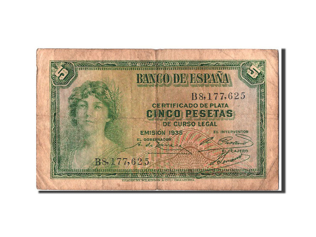 Biljet, Spanje, 5 Pesetas, 1935, TB