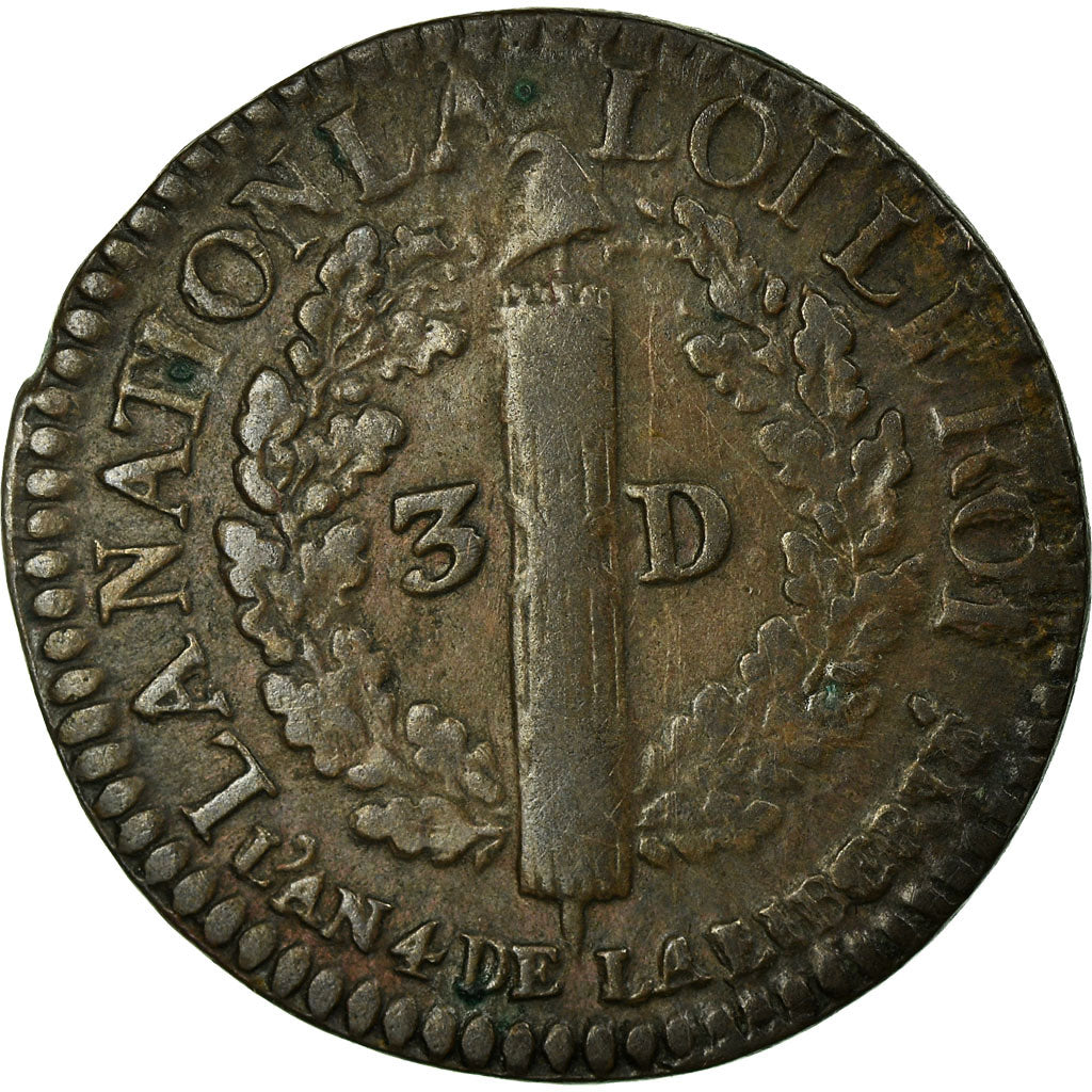 Moneda, Francia, 3 deniers françois, 3 Deniers, Liard, 1792, Lyon, MBC, Bronce