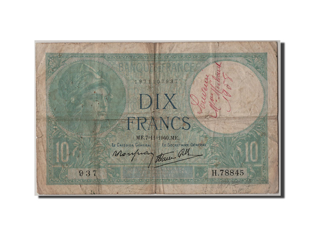 Billete, Francia, 10 Francs, 10 F 1916-1942 ''Minerve'', 1940, 1940-11-07, RC+