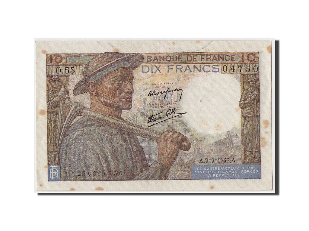 Billet, France, 10 Francs, 10 F 1941-1949 ''Mineur'', 1943, 1943-09-09, SUP