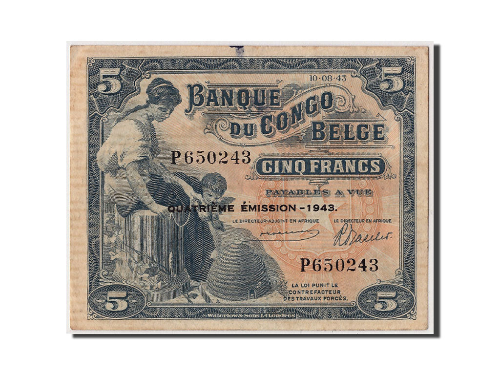 Banconote, Congo belga, 5 Francs, 1943, 1943-08-10, BB