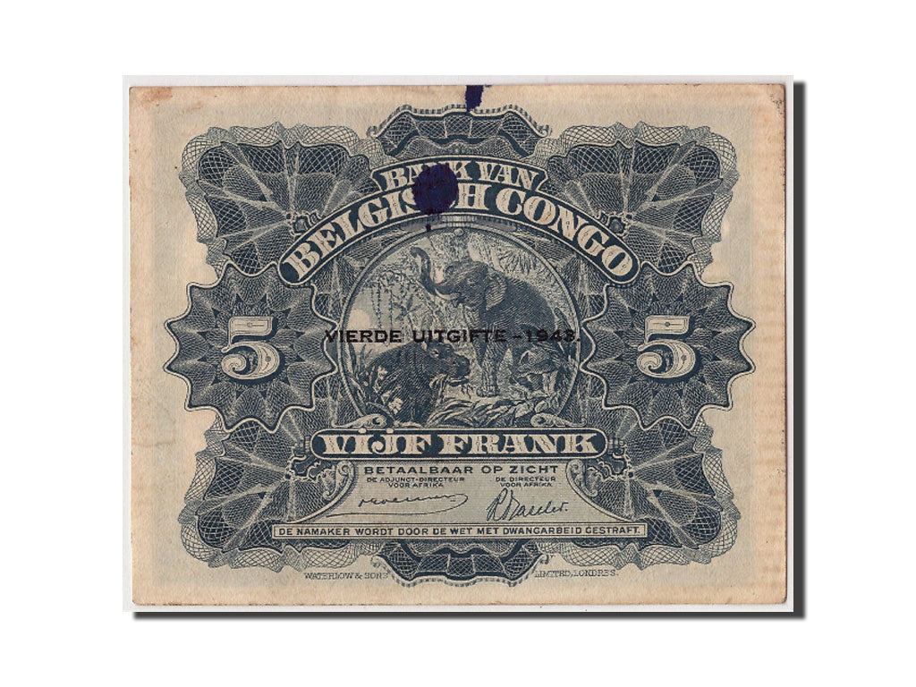 Banconote, Congo belga, 5 Francs, 1943, 1943-08-10, BB