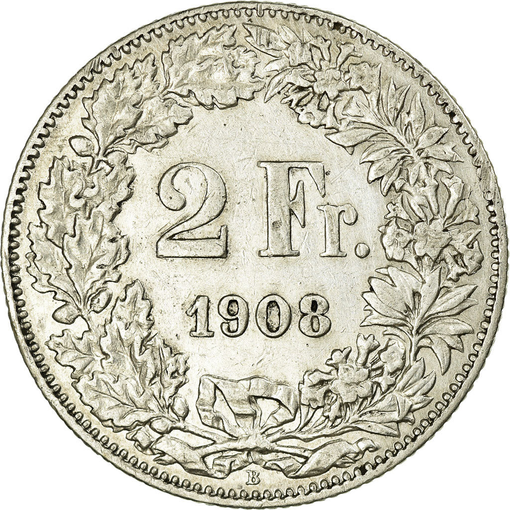 Moneda, Suiza, 2 Francs, 1908, Bern, MBC+, Plata, KM:21