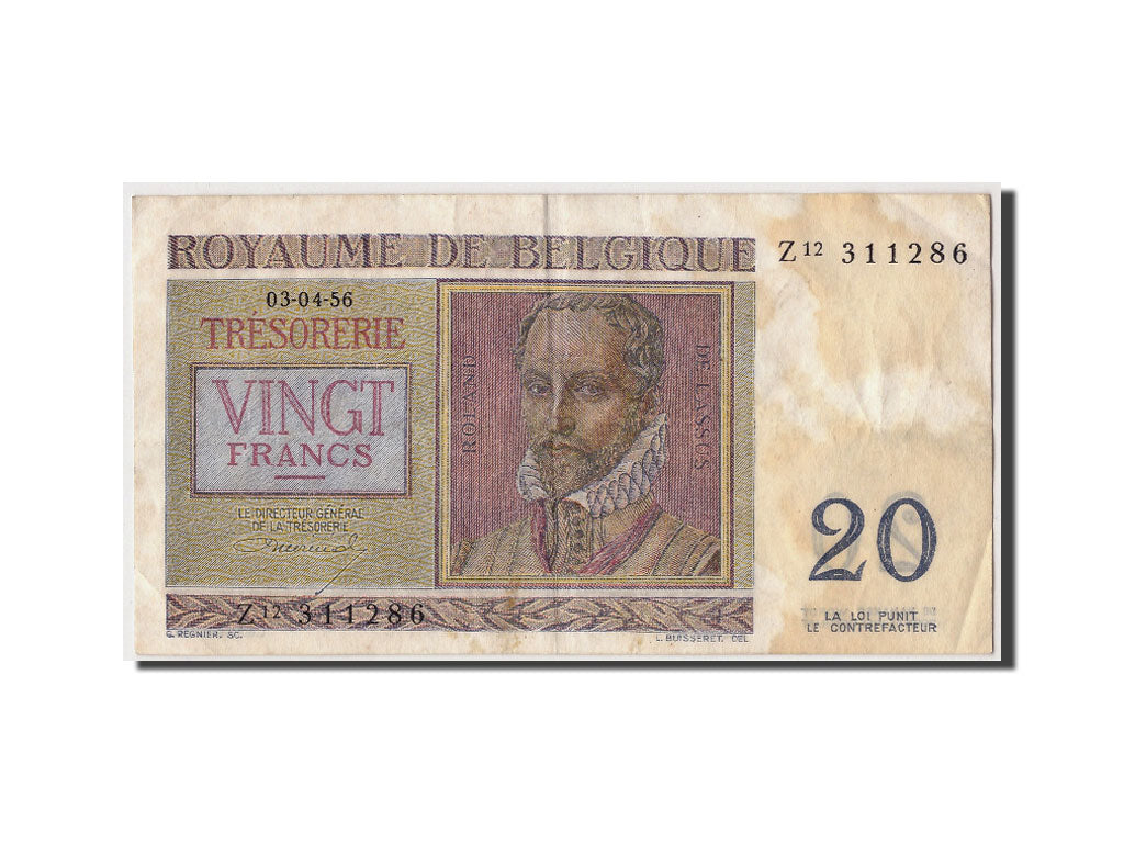 Billete, 20 Francs, 1956, Bélgica, 1956-04-03, BC+