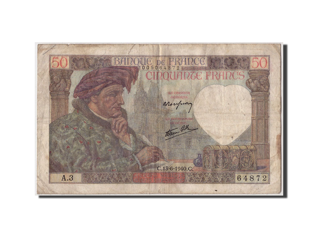 Banknot, Francja, 50 Francs, Jacques Coeur, 1940, 1940-06-13, VF(20-25), KM:93