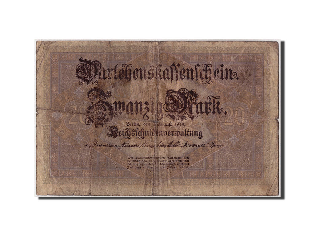 Banknot, Niemcy, 20 Mark, 1914, 1914-08-05, KM:48b, VG(8-10)