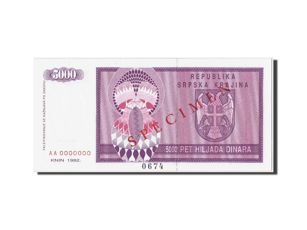 Banknote, Croatia, 5000 Dinara, 1992, Undated, KM:R6s, UNC(65-70)