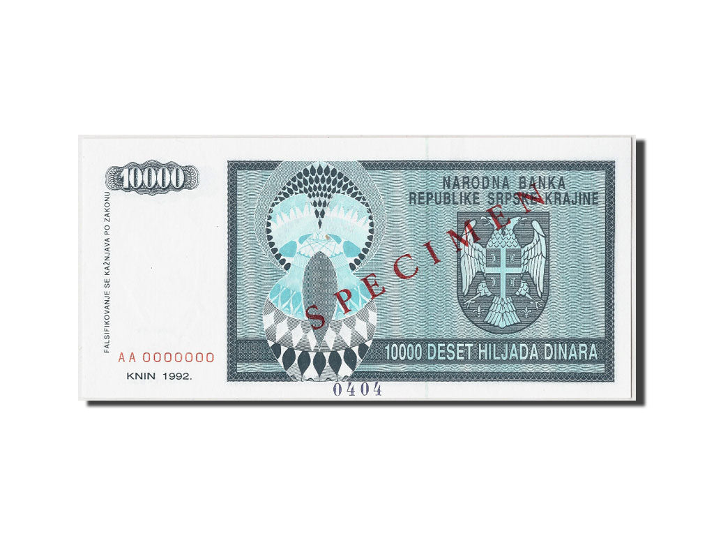 Billete, 10,000 Dinara, 1992, Croacia, KM:R7s, Undated, UNC