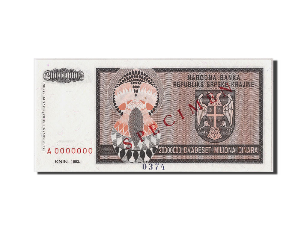 Billete, 20 Million Dinara, 1993, Croacia, KM:R13s, Undated, UNC