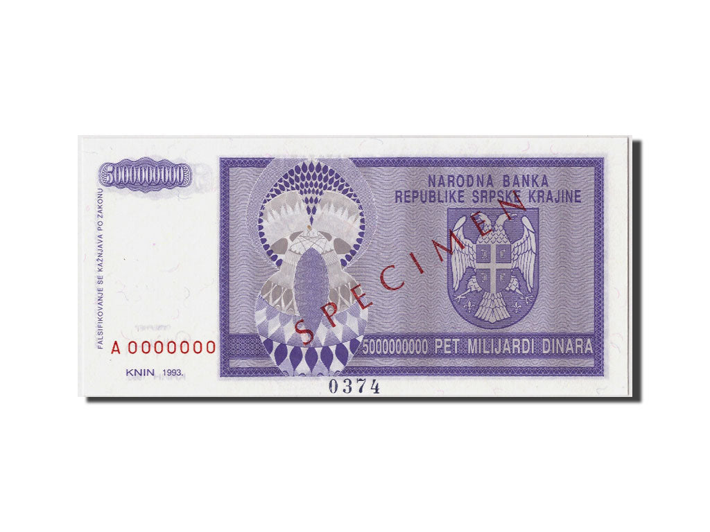 Banconote, Croazia, 5 Milliard Dinara, 1993, KM:R18s, Undated, FDS
