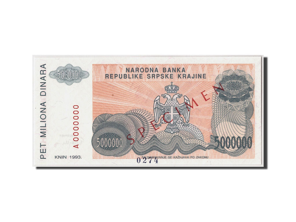 Banknote, Croatia, 5 Million Dinara, 1993, Undated, KM:R24s, UNC(65-70)