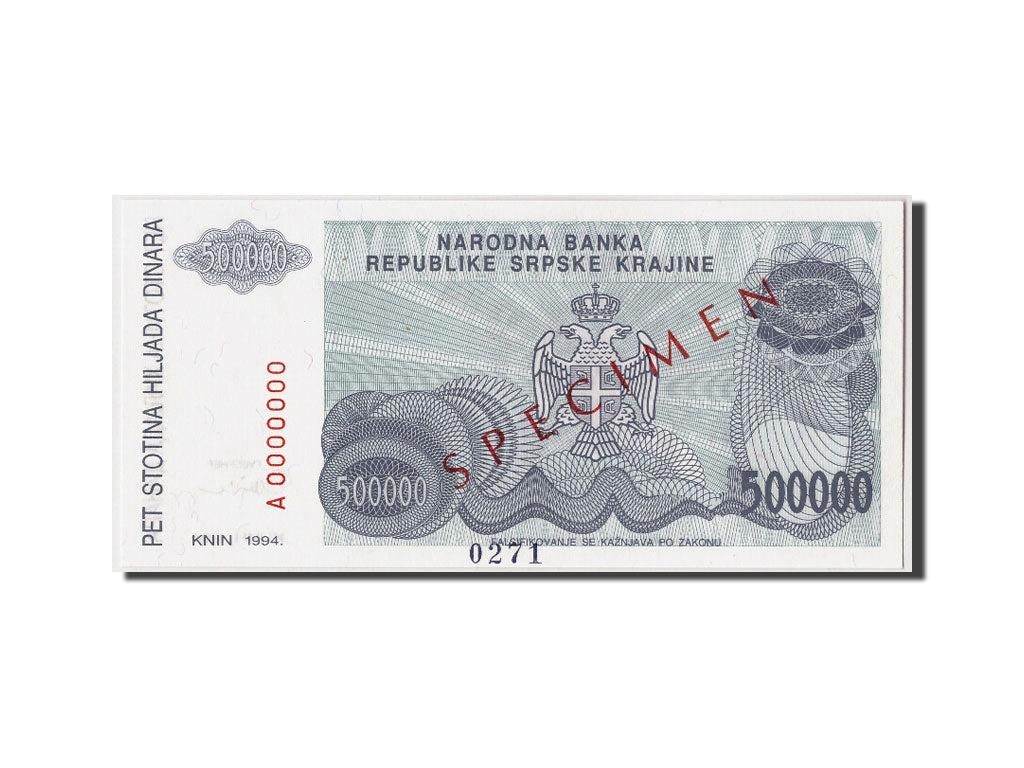 Billete, 500,000 Dinara, 1994, Croacia, KM:R32s, Undated, UNC