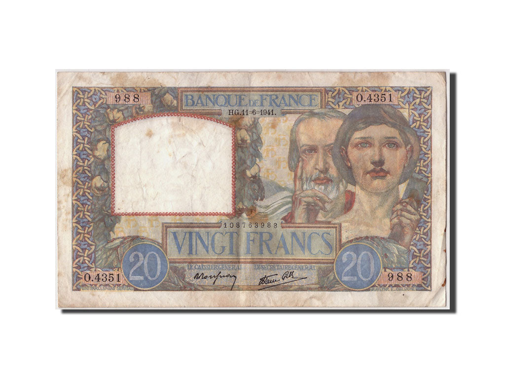 Banknote, France, 20 Francs, 20 F 1939-1942 ''Science et Travail'', 1941