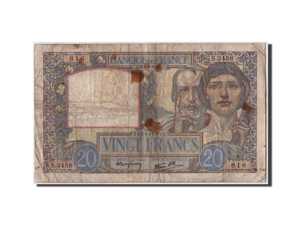 Banknote, France, 20 Francs, 20 F 1939-1942 ''Science et Travail'', 1941