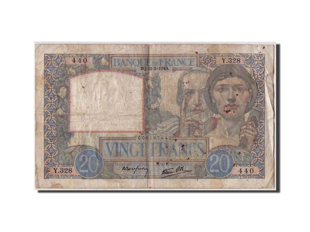Banknote, France, 20 Francs, 20 F 1939-1942 ''Science et Travail'', 1940