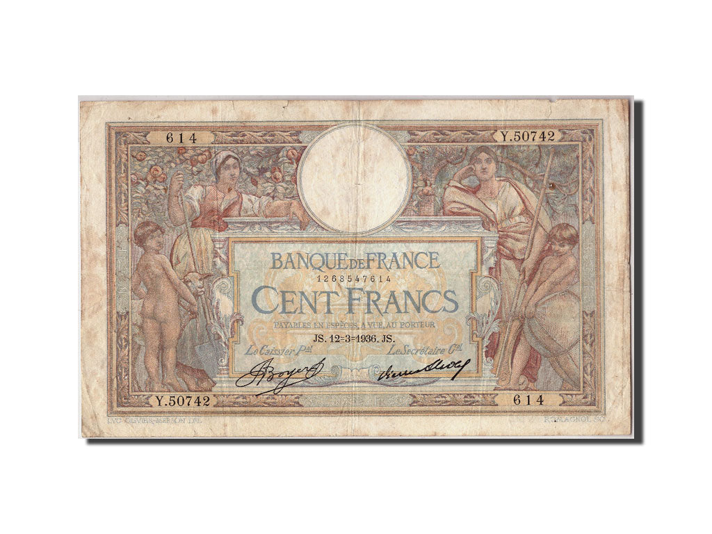 Banknote, France, 100 Francs, 100 F 1908-1939 ''Luc Olivier Merson'', 1936