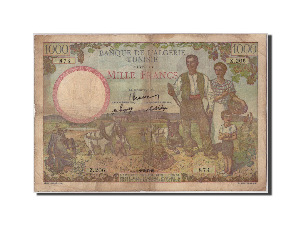 Biljet, Tunisië, 1000 Francs, 1946, 1946-09-04, KM:26, TB