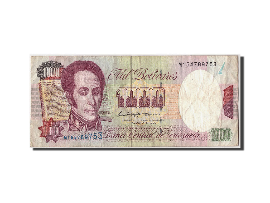 Biljet, Venezuela, 1000 Bolivares, 1998, 1998-08-06, KM:76d, B+