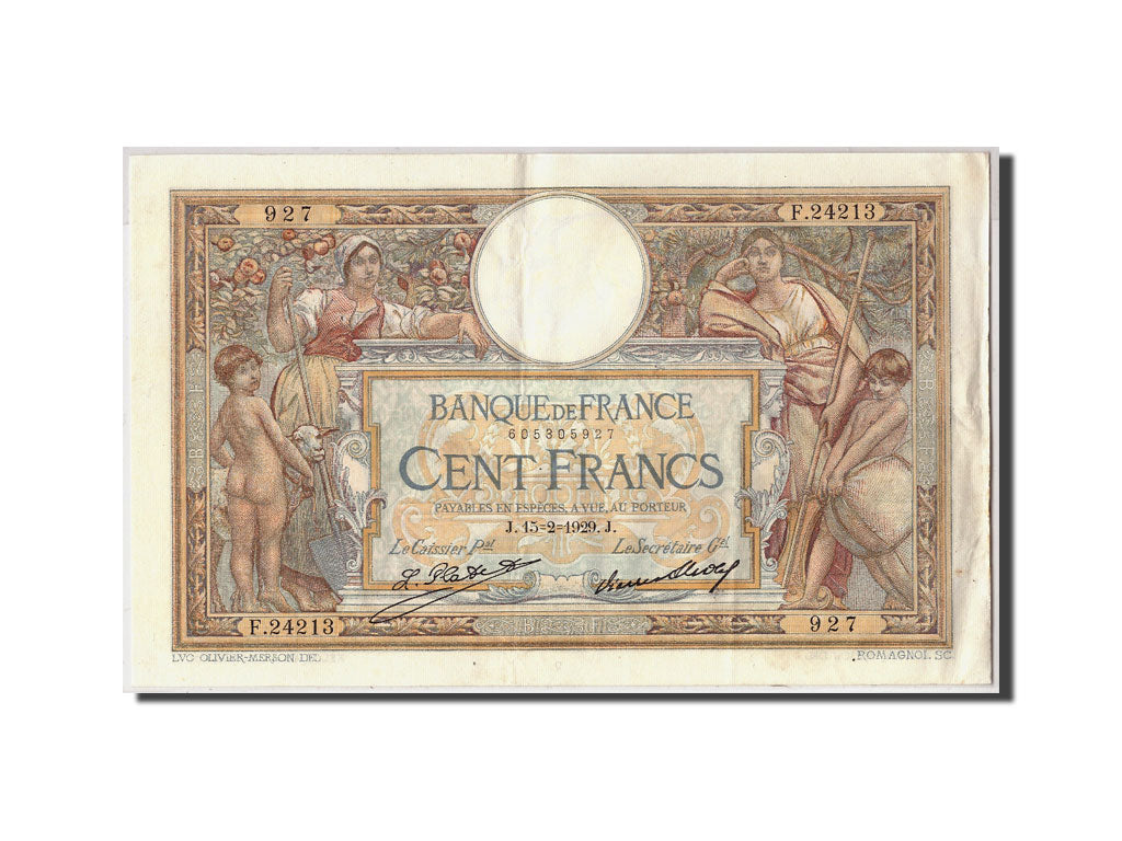 Banknote, France, 100 Francs, 100 F 1908-1939 ''Luc Olivier Merson'', 1929