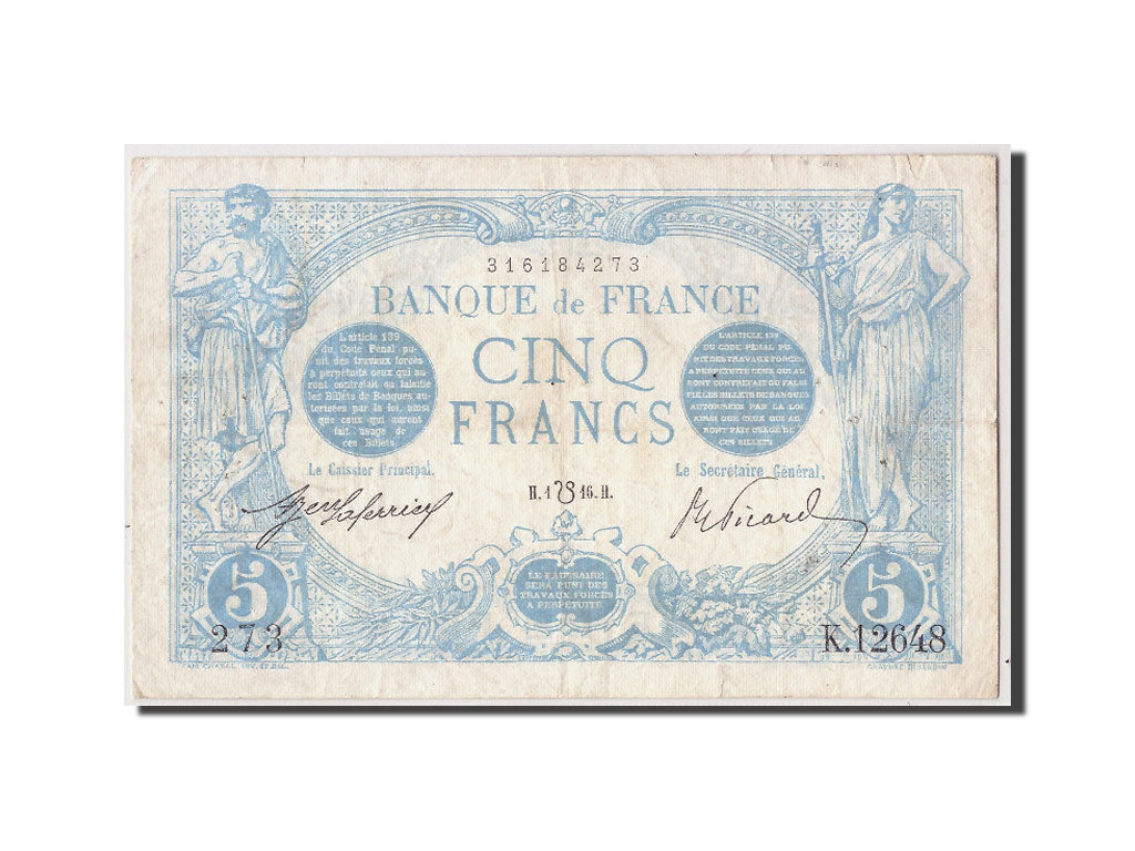 Geldschein, Frankreich, 5 Francs, 5 F 1912-1917 ''Bleu'', 1916, 07-1916, SS