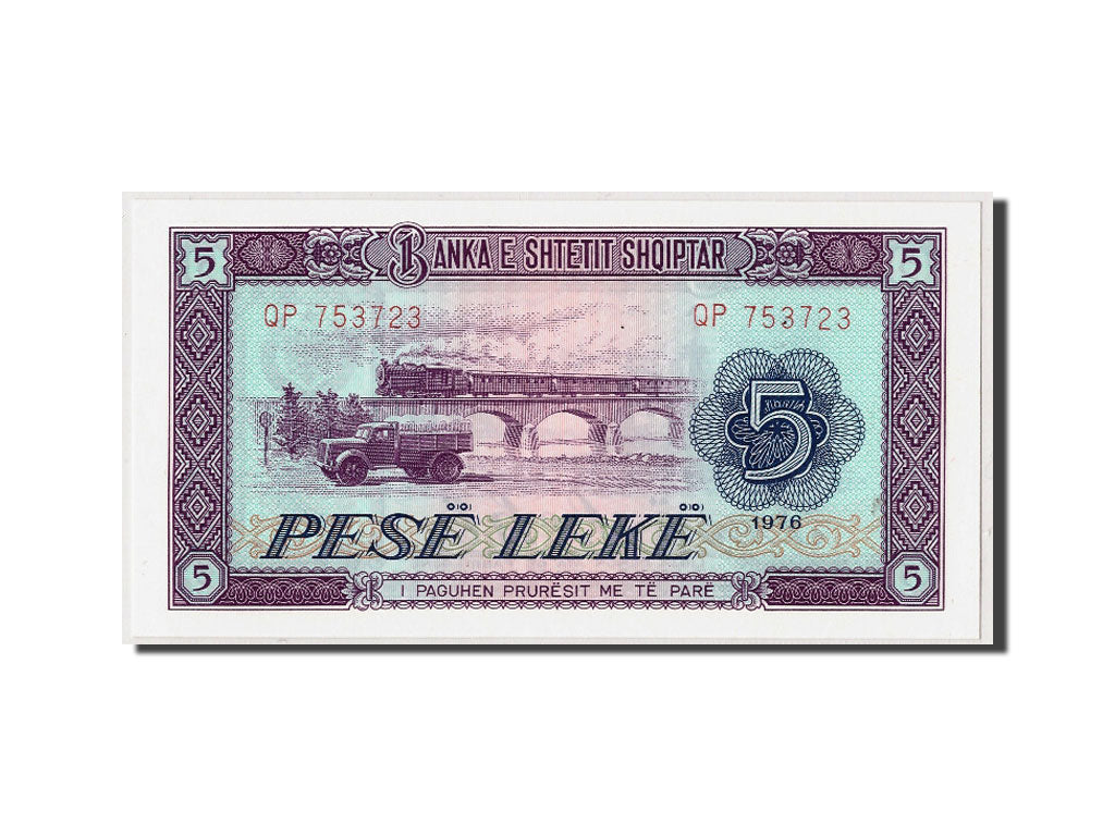 Geldschein, Albania, 5 Lekë, 1976, Undated, KM:42a, UNZ