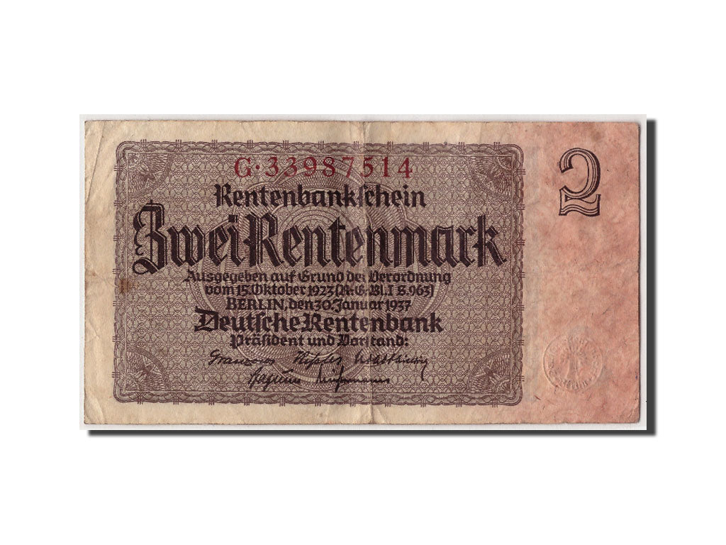 Banknote, Germany, 2 Rentenmark, 1937, 1937-01-30, KM:174b, F(12-15)