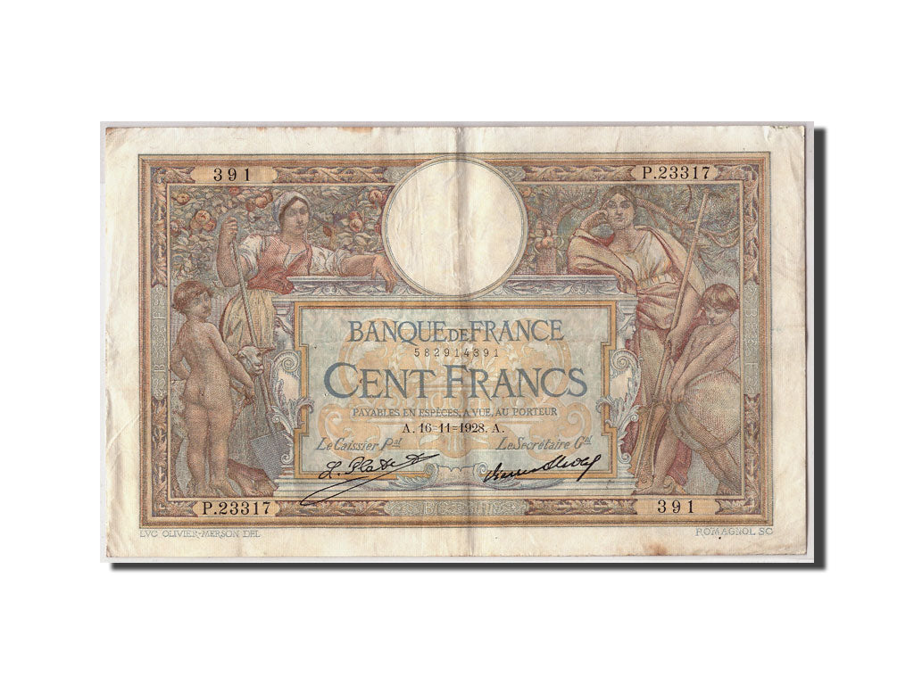 Banknote, France, 100 Francs, 100 F 1908-1939 ''Luc Olivier Merson'', 1928