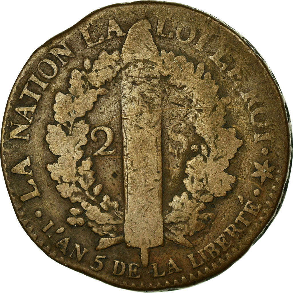 Moneda, Francia, 2 sols français, 2 Sols, 1793, Strasbourg, BC+, Bronce