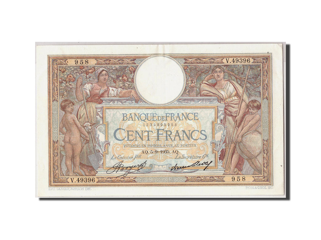 Banknote, France, 100 Francs, 100 F 1908-1939 ''Luc Olivier Merson'', 1935