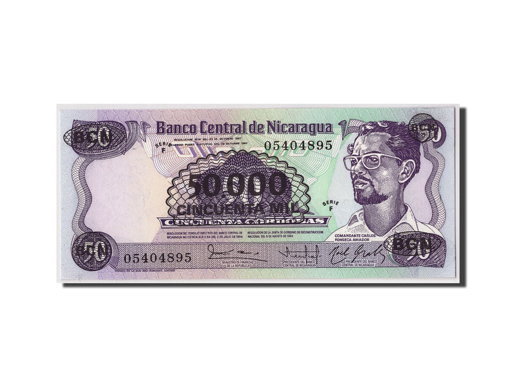 Biljet, Nicaragua, 50,000 Córdobas on 50 Córdobas, D.1987, Undated, KM:148