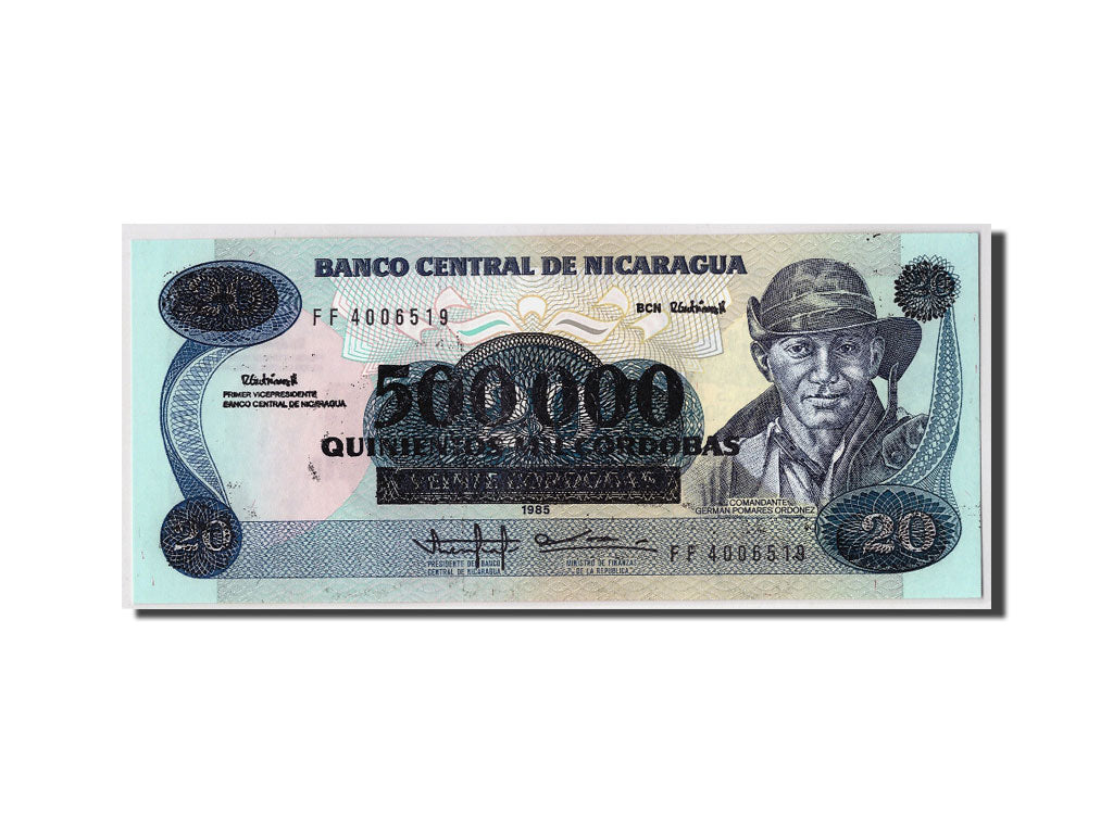 Biljet, Nicaragua, 500,000 Córdobas on 20 Córdobas, Undated (1990), KM:163