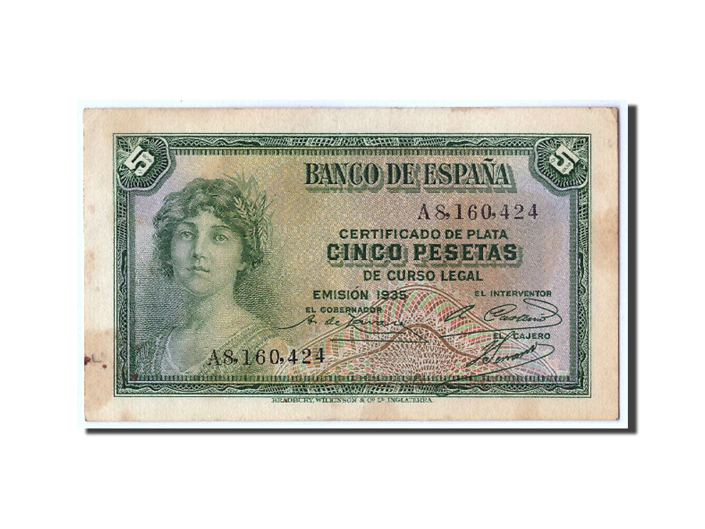 Biljet, Spanje, 5 Pesetas, 1935, KM:85a, TTB