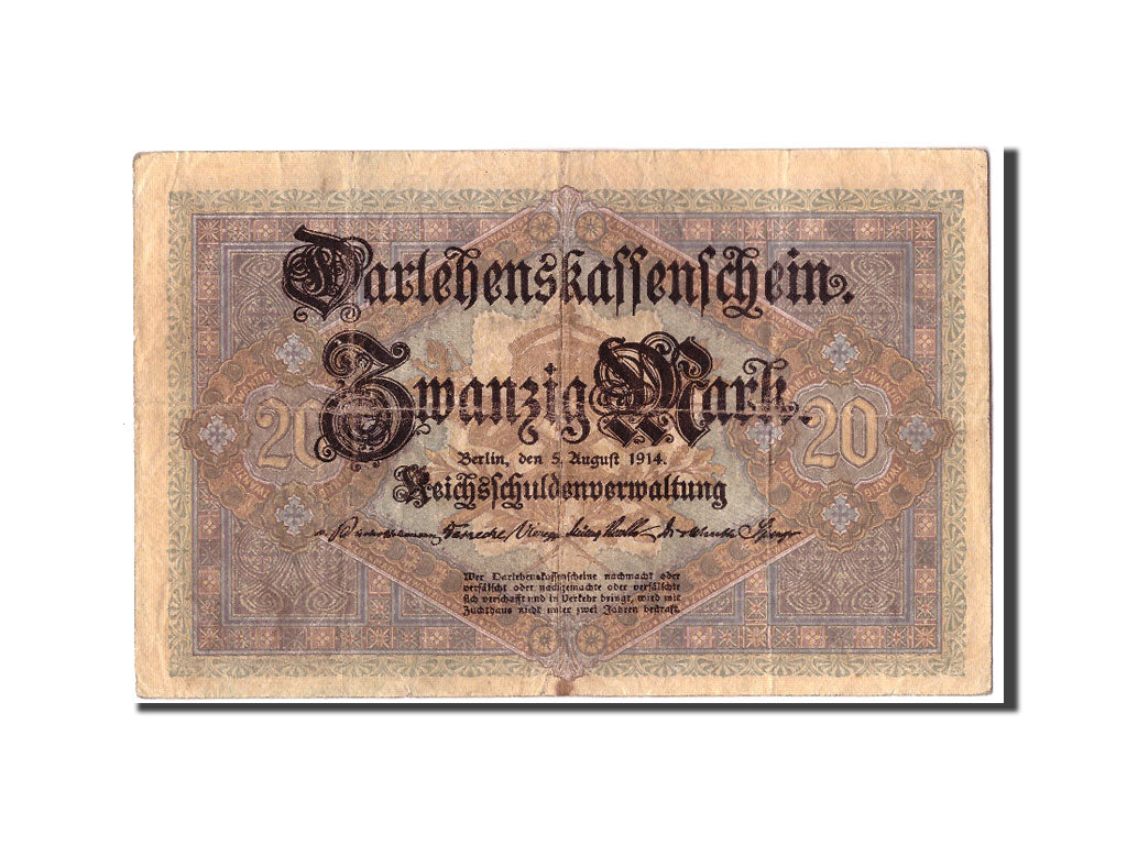 Billete, 20 Mark, 1914, Alemania, KM:48b, 1914-08-05, RC+