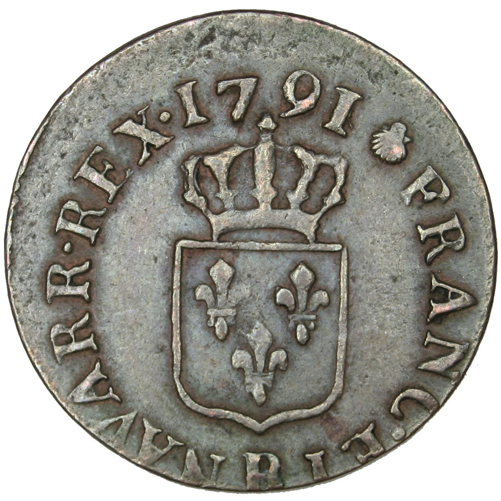 Moneta, Francia, Louis XVI, Liard, Liard, 1791, Rouen, BB, Rame, Gadoury:348