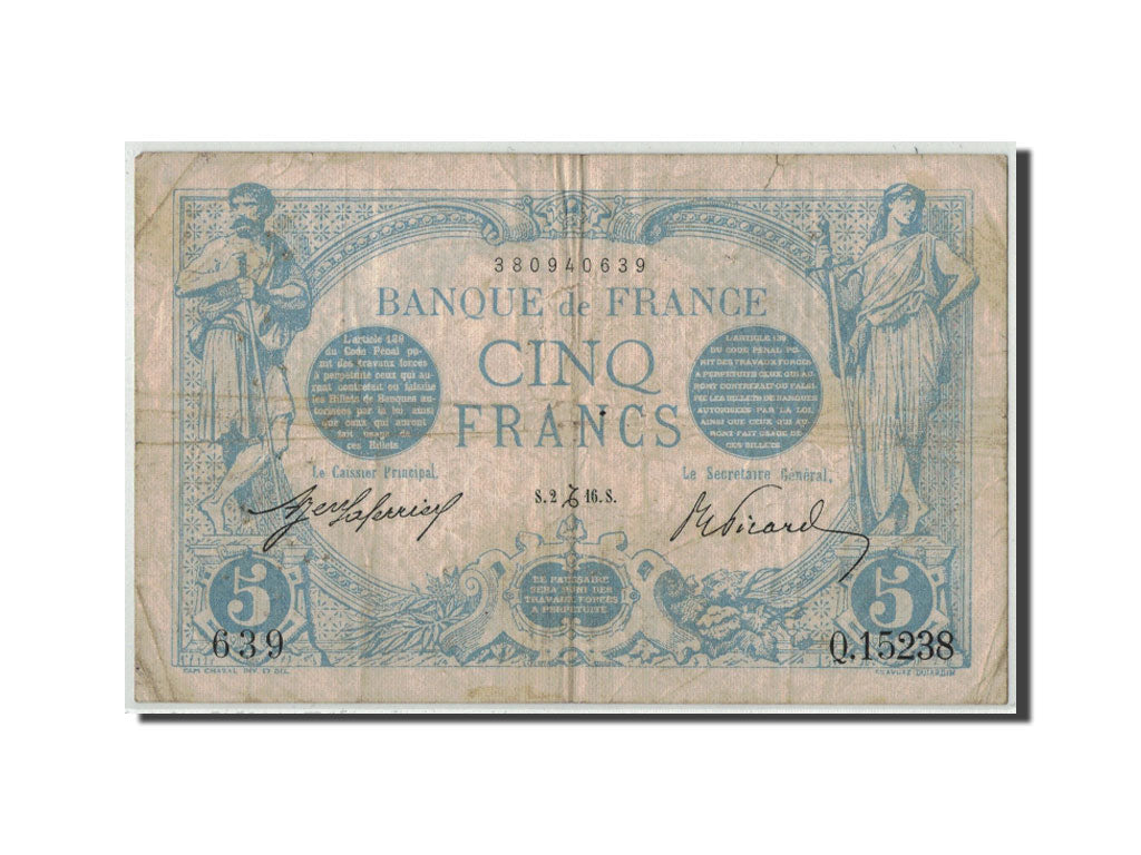 Banconote, Francia, 5 Francs, 5 F 1912-1917 ''Bleu'', 1916, 1916-12-02, MB+